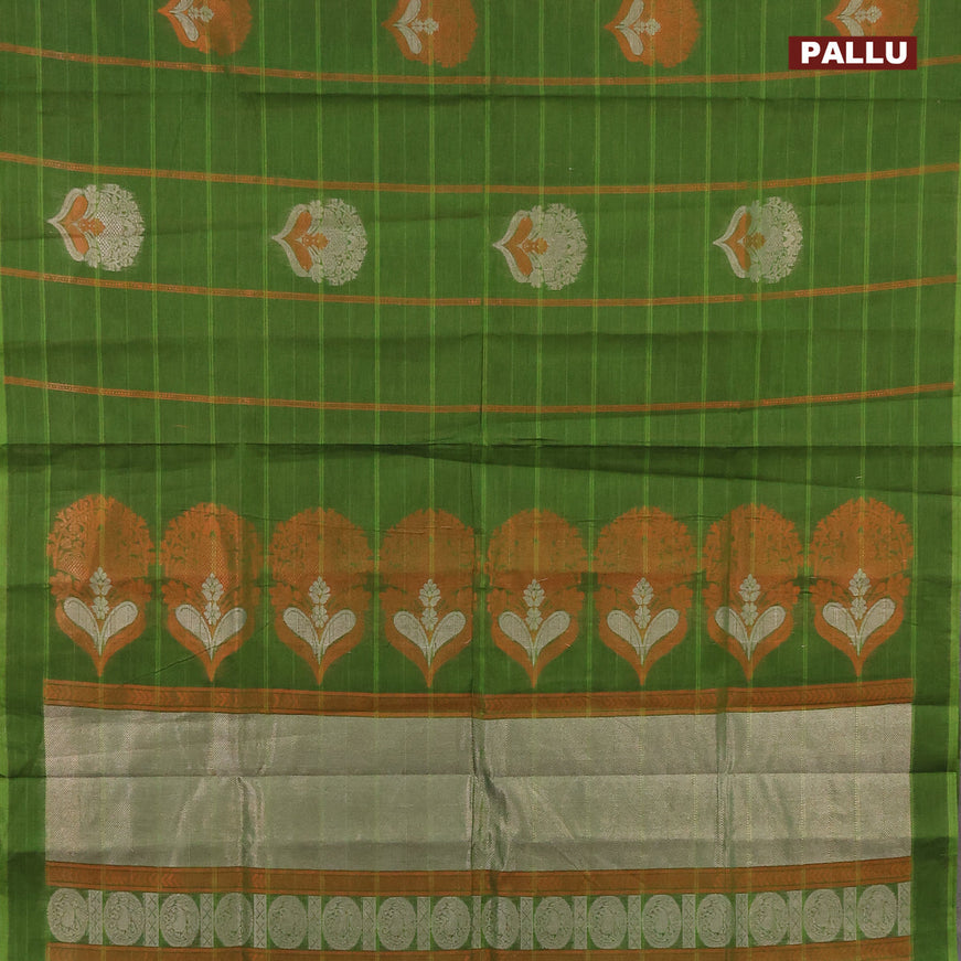 Nithyam cotton saree green with allover copper zari weaves & buttas in borderless style
