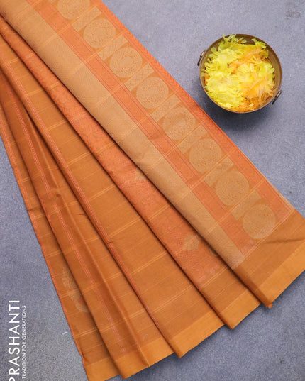 Nithyam cotton saree mustard yellow with allover copper zari weaves & buttas in borderless style