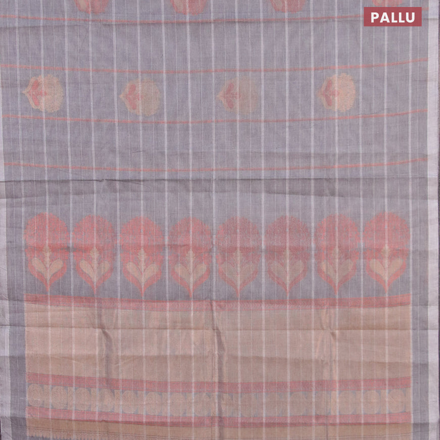 Nithyam cotton saree grey with allover copper zari weaves & buttas in borderless style