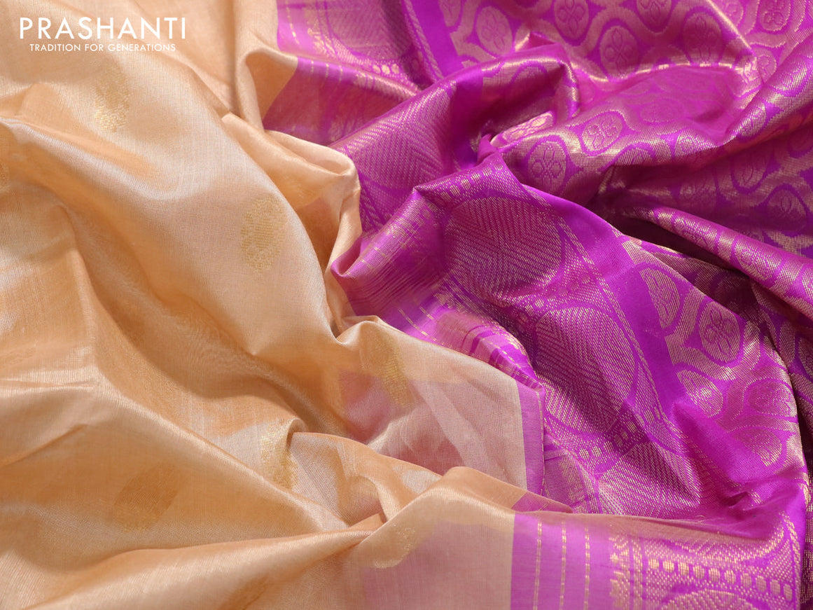 Silk cotton saree sandal and purple with zari woven buttas and rudhraksha zari woven korvai border