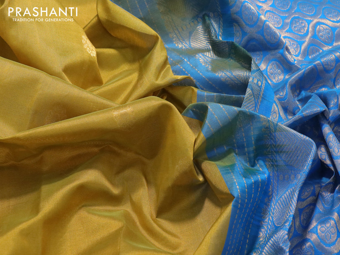 Silk cotton saree mustard green and cs blue with zari woven buttas and rudhraksha zari woven korvai border