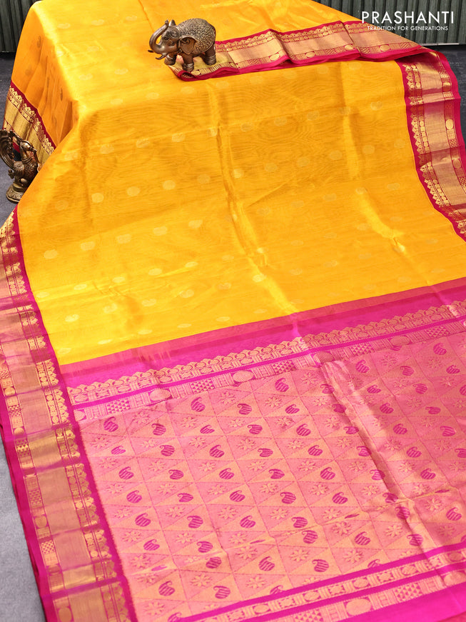 Kuppadam silk cotton saree mango yellow and pink with zari woven buttas and rich zari woven border