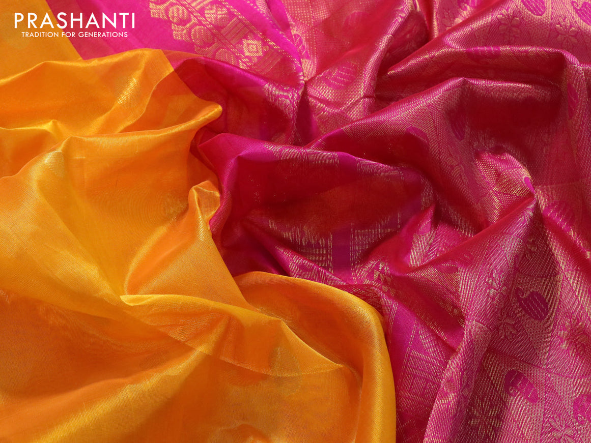 Kuppadam silk cotton saree mango yellow and pink with zari woven buttas and rich zari woven border