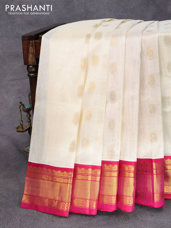 Kuppadam silk cotton saree cream and pink with zari woven buttas and rich zari woven border
