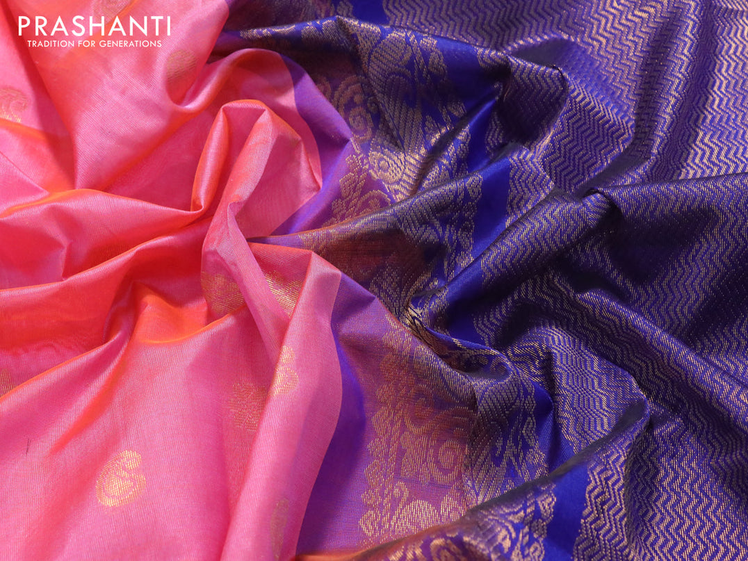 Kuppadam silk cotton saree dual shade of pink and blue with paisley & zari woven buttas and long zari woven annam border