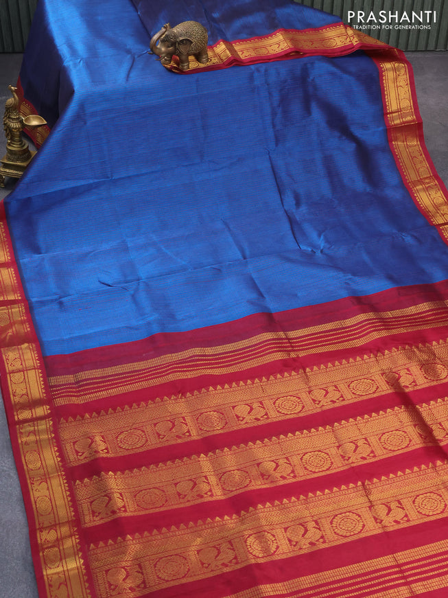 Silk cotton saree cs blue and maroon with allover thread checked pattern and zari woven korvai border