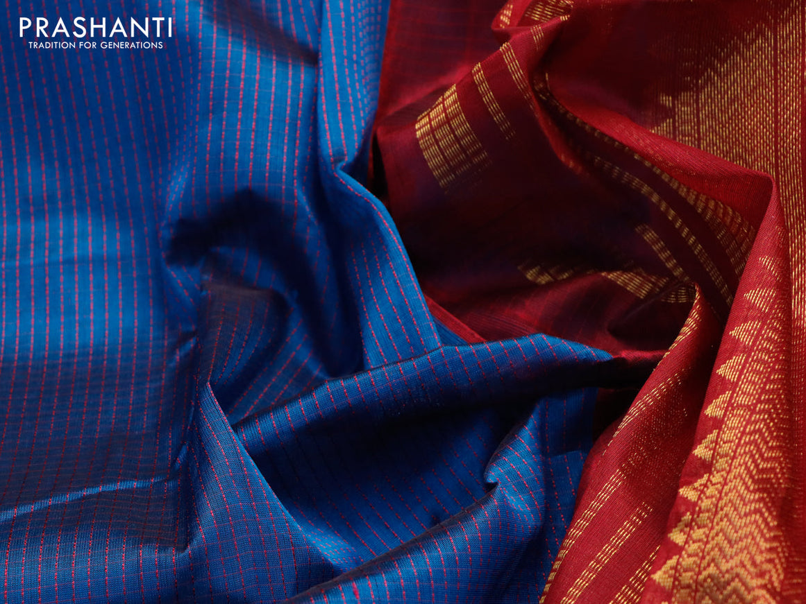 Silk cotton saree cs blue and maroon with allover thread checked pattern and zari woven korvai border
