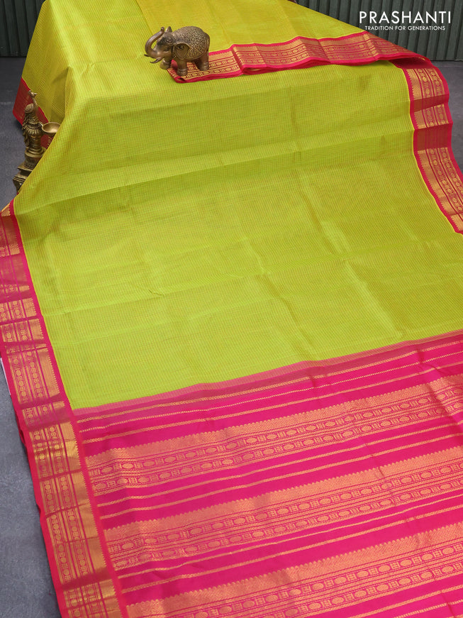 Silk cotton saree lime yellow and pink with allover thread checked pattern and zari woven korvai border