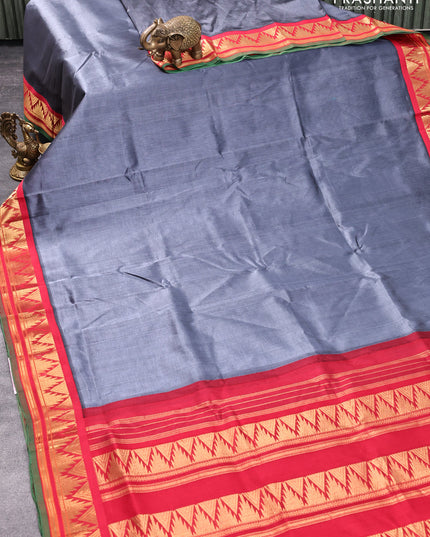 Silk cotton saree grey and red with plain body and temple design zari woven korvai border