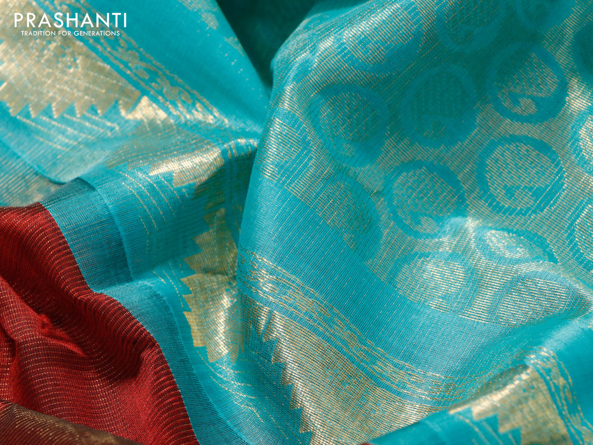 Silk cotton saree maroon and teal blue with allover vairosi pattern and temple & annam zari woven korvai border