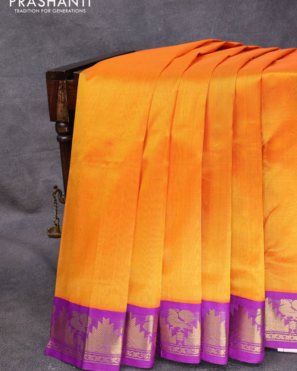 Silk cotton saree mango yellow and purple with allover vairosi pattern and temple & annam zari woven korvai border