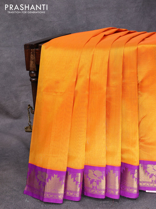 Silk cotton saree mango yellow and purple with allover vairosi pattern and temple & annam zari woven korvai border