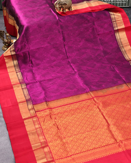 Kuppadam silk cotton saree purple and red with allover self emboss jaquard and long zari woven simple border