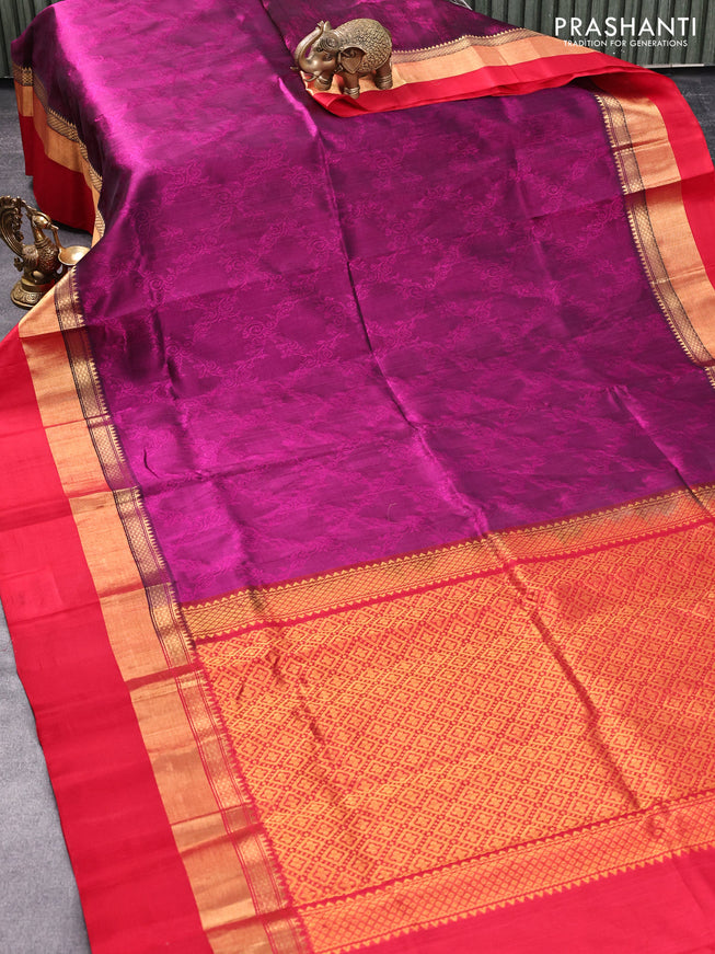 Kuppadam silk cotton saree purple and red with allover self emboss jaquard and long zari woven simple border