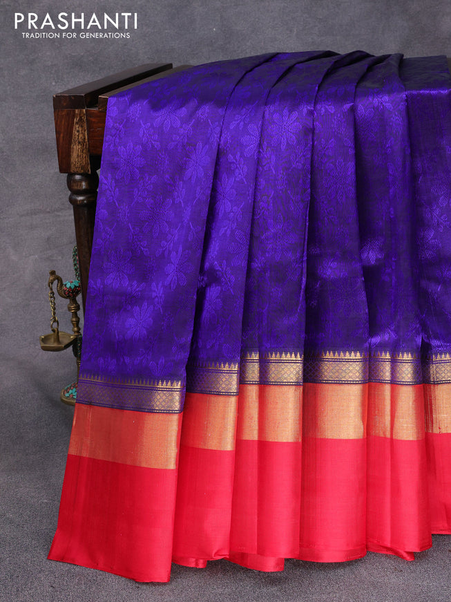 Kuppadam silk cotton saree dark blue and red with allover self emboss jaquard and long zari woven simple border