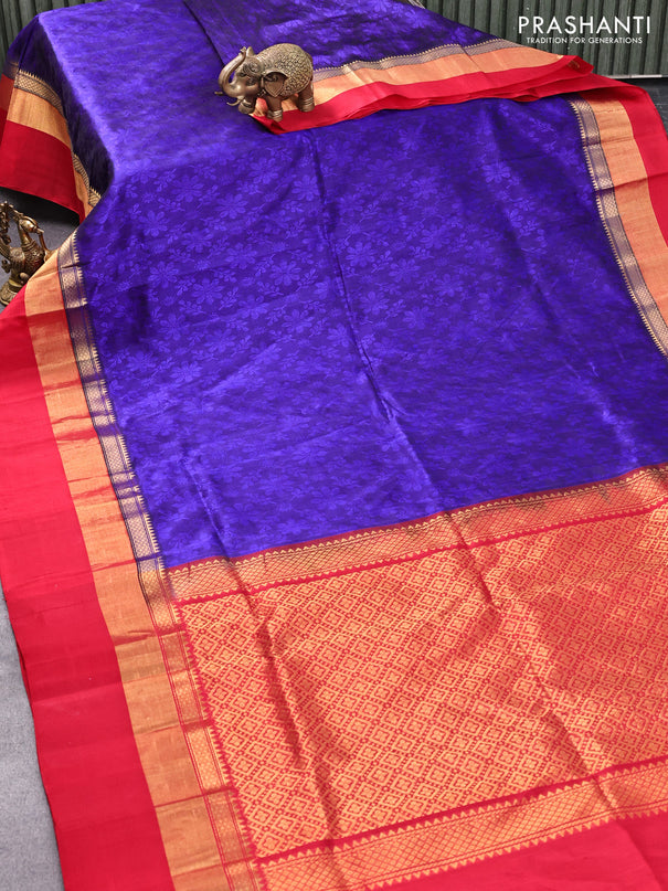 Kuppadam silk cotton saree dark blue and red with allover self emboss jaquard and long zari woven simple border