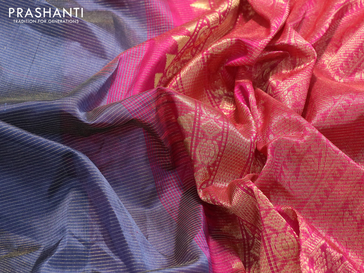 Silk cotton saree grey and pink with allover vairosi pattern and temple design zari woven korvai border