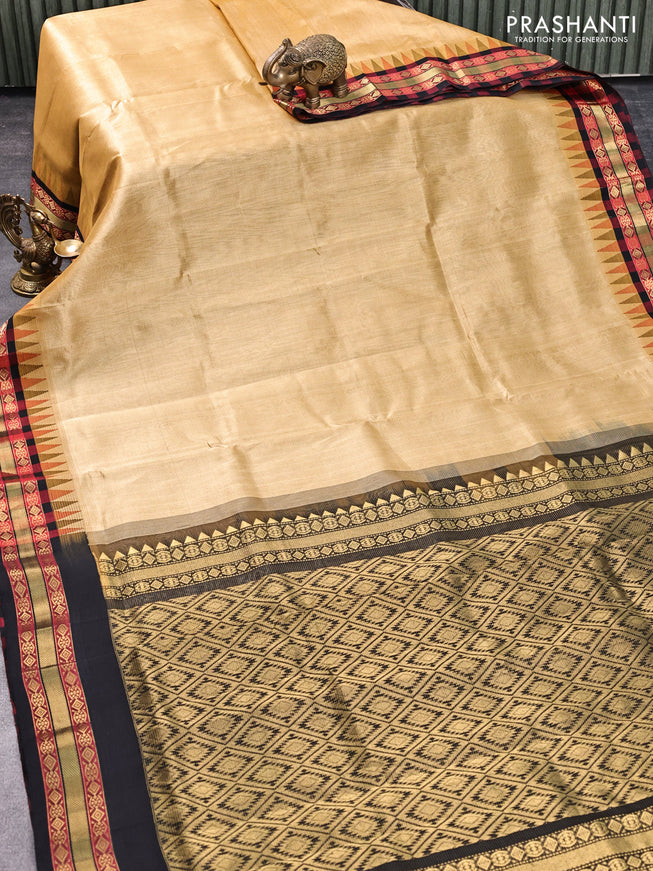 Silk cotton saree sandal and black with allover vairosi pattern and temple design zari woven korvai border
