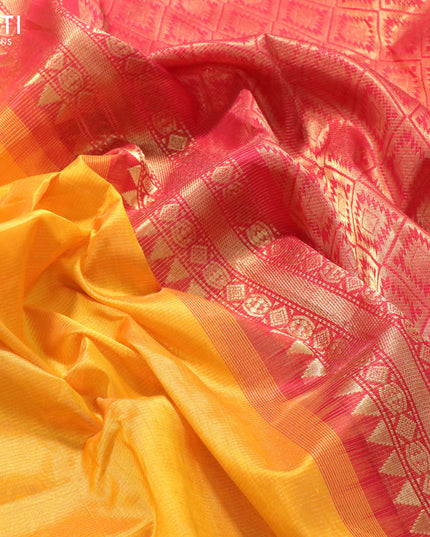 Silk cotton saree mango yelow and red with allover vairosi pattern and temple design zari woven korvai border