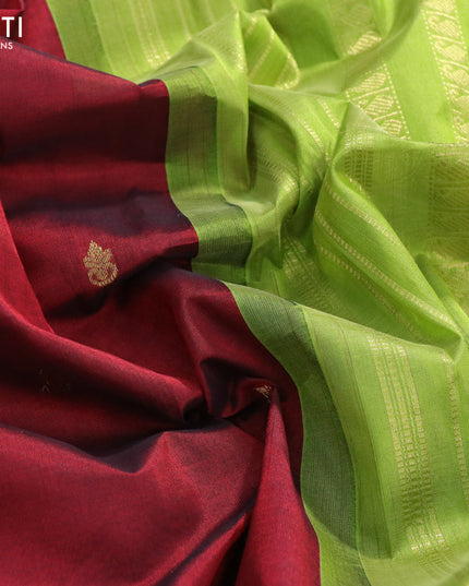 Silk cotton saree maroon and light green with zari wovenn buttas and temple design rettapet zari woven korvai border