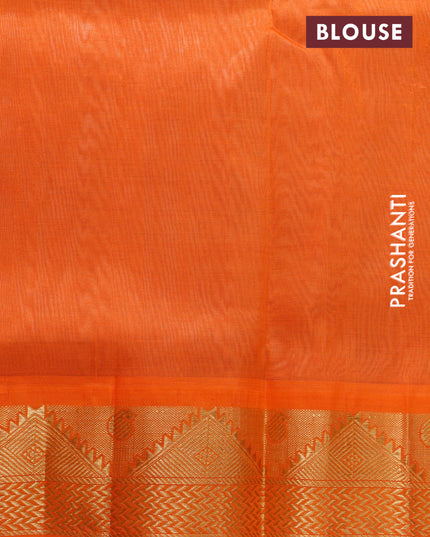 Silk cotton saree pastel peach and orange with plain body and temple zari woven korvai border