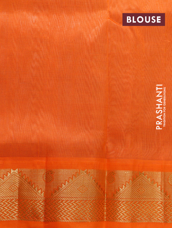 Silk cotton saree pastel peach and orange with plain body and temple zari woven korvai border