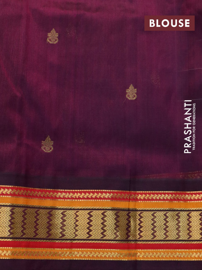 Silk cotton saree elaichi green and purple with zari woven buttas and zari woven korvai border