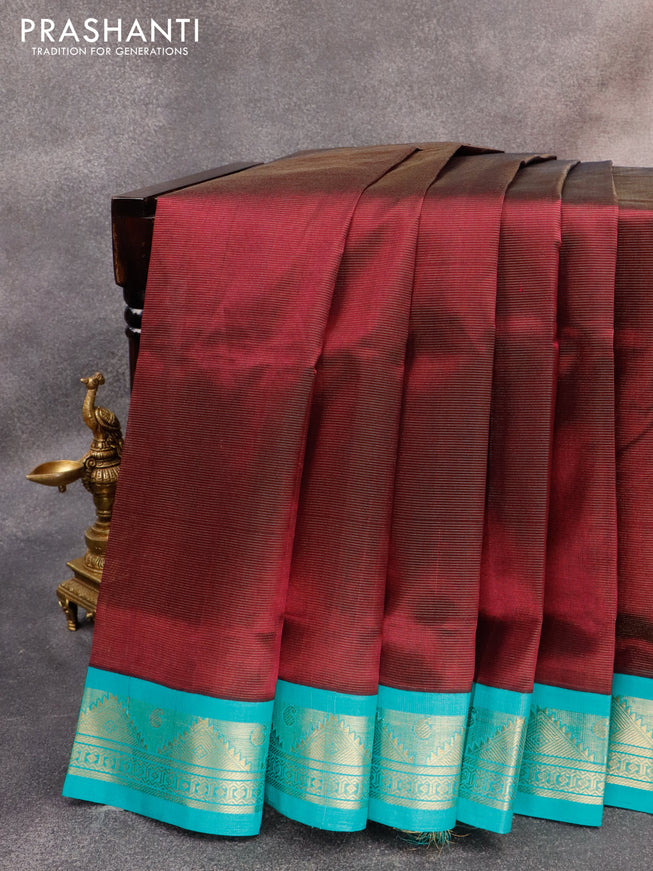 Silk cotton saree wine shade and teal blue with allover vairosi pattern and temple design zari woven korvai border