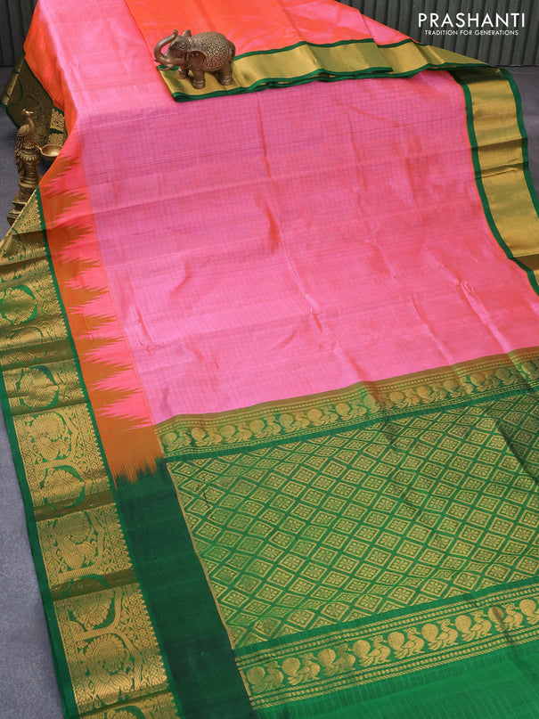 Kuppadam silk cotton saree candy pink and green with allover thread check pattern and temple design zari woven annam border