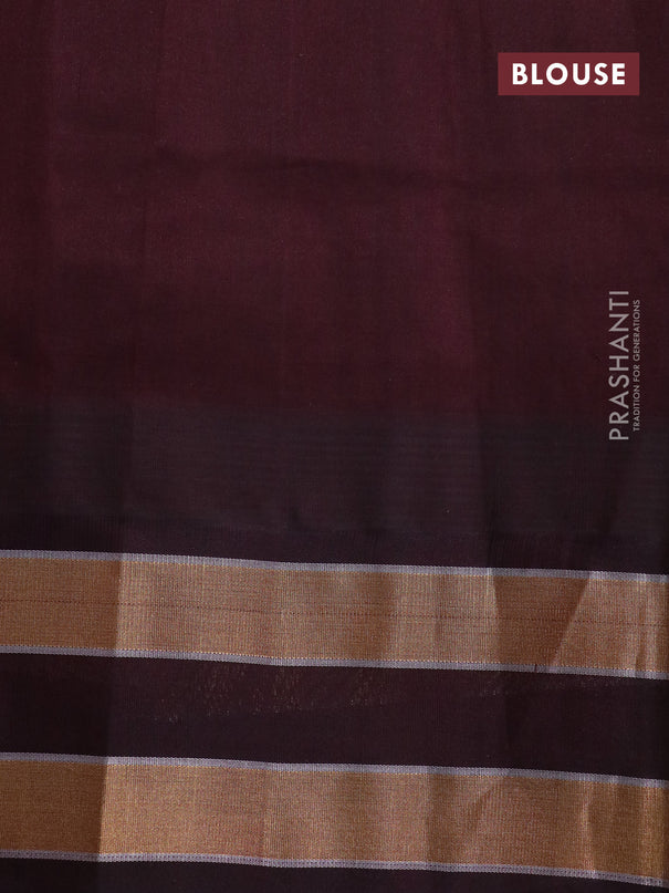 Kuppadam silk cotton saree sandal and coffee brown with plain body and long temple design zari woven border