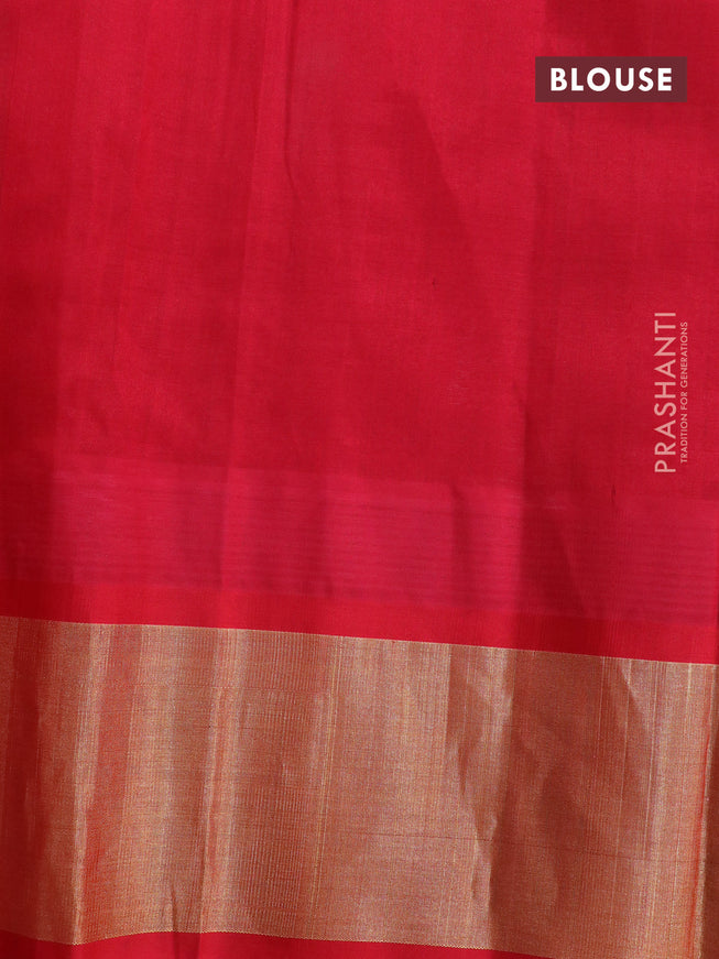 Kuppadam silk cotton saree pastel peach and red with plain body and long temple design zari woven border