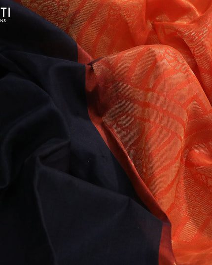 Kuppadam silk cotton saree black and orange with plain body and long temple design zari woven border