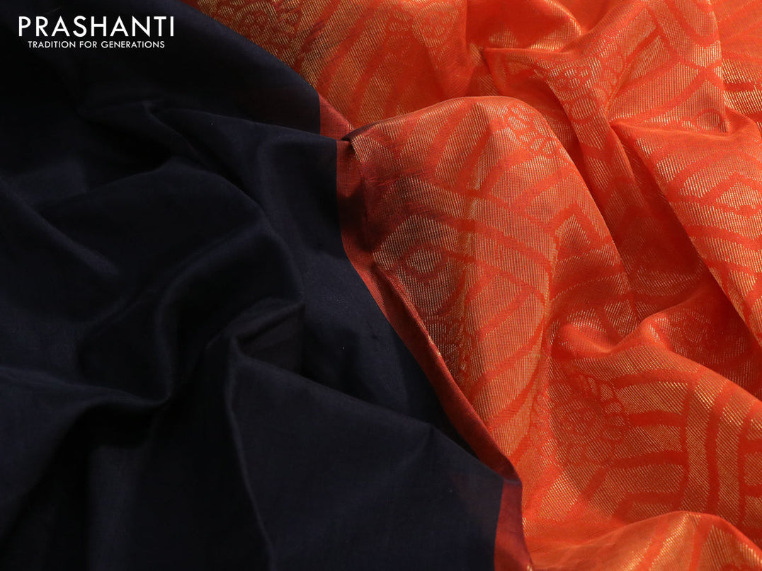 Kuppadam silk cotton saree black and orange with plain body and long temple design zari woven border
