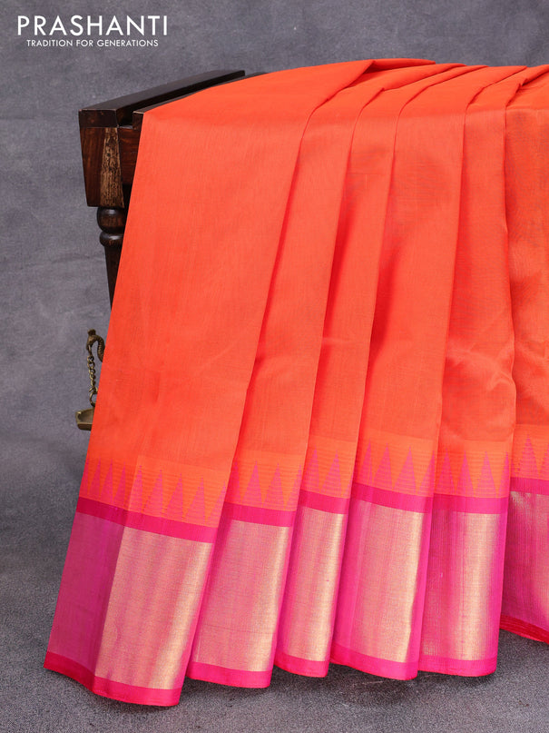 Kuppadam silk cotton saree orange and pink with plain body and long temple design zari woven border