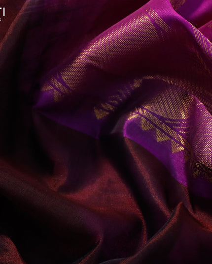Kuppadam silk cotton saree deep maroon and purple with plain body and rudhraksha zari woven korvai border