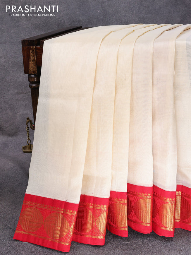 Silk cotton saree off white and red with plain body and rudhraksha zari woven korvai border