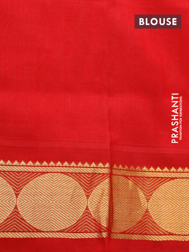 Silk cotton saree off white and red with plain body and rudhraksha zari woven korvai border