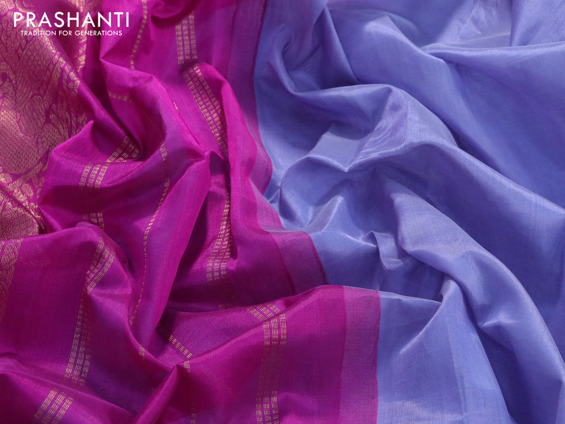Silk cotton saree bluish grey and purple with plain body and zari woven annam korvai borvai