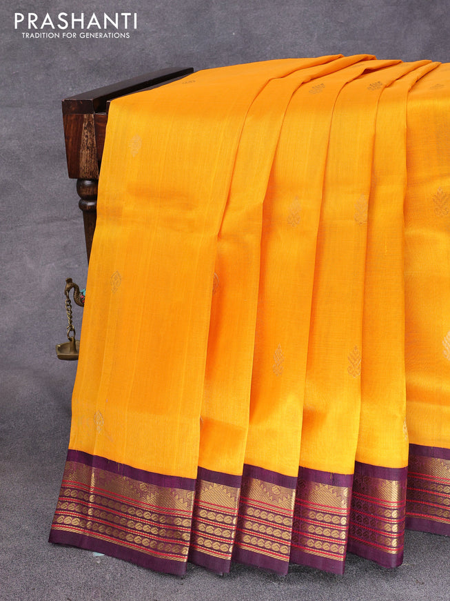 Silk cotton saree mango yellow and purple with zari woven buttas and zari woven korvai border
