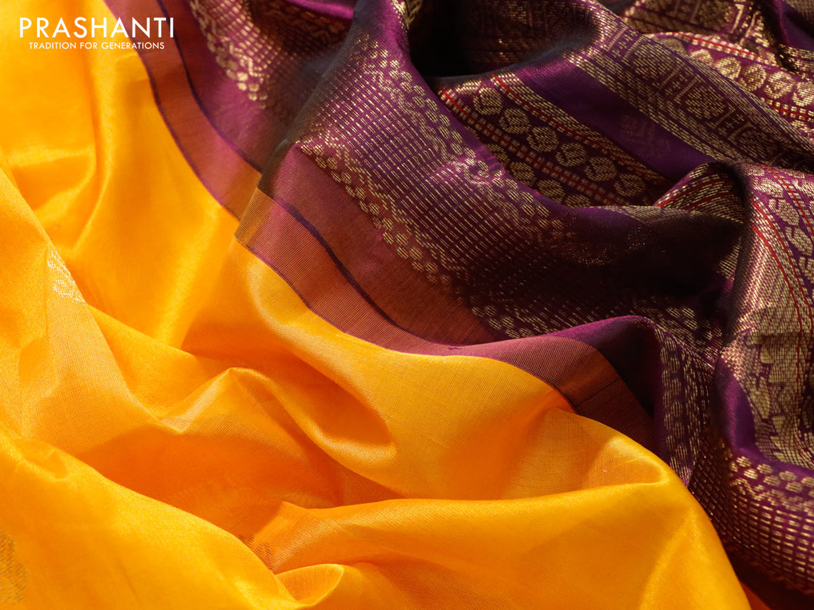 Silk cotton saree mango yellow and purple with zari woven buttas and zari woven korvai border