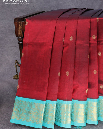 Silk cotton saree maroon and teal blue with zari woven buttas and zari woven korvai border
