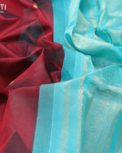 Silk cotton saree maroon and teal blue with zari woven buttas and zari woven korvai border