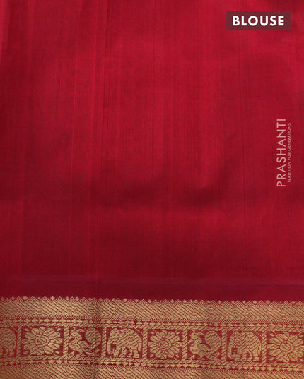 Silk cotton saree elaichi green and red with plain body and zari woven butta korvai border
