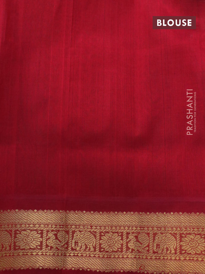 Silk cotton saree elaichi green and red with plain body and zari woven butta korvai border