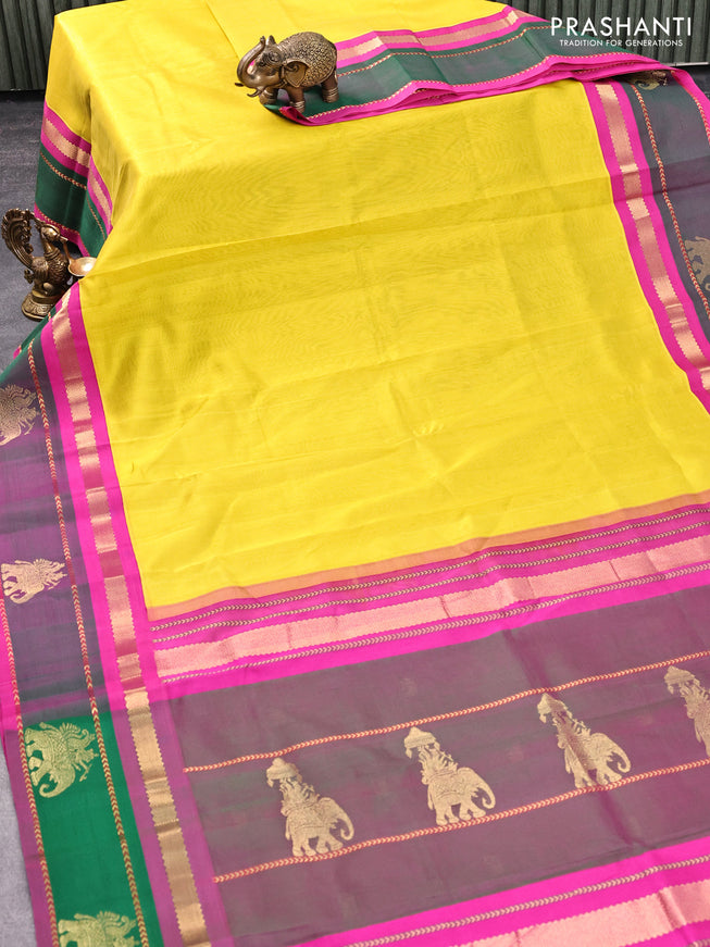 Silk cotton saree lime yellow and pink with plain body and zari woven butta korvai border