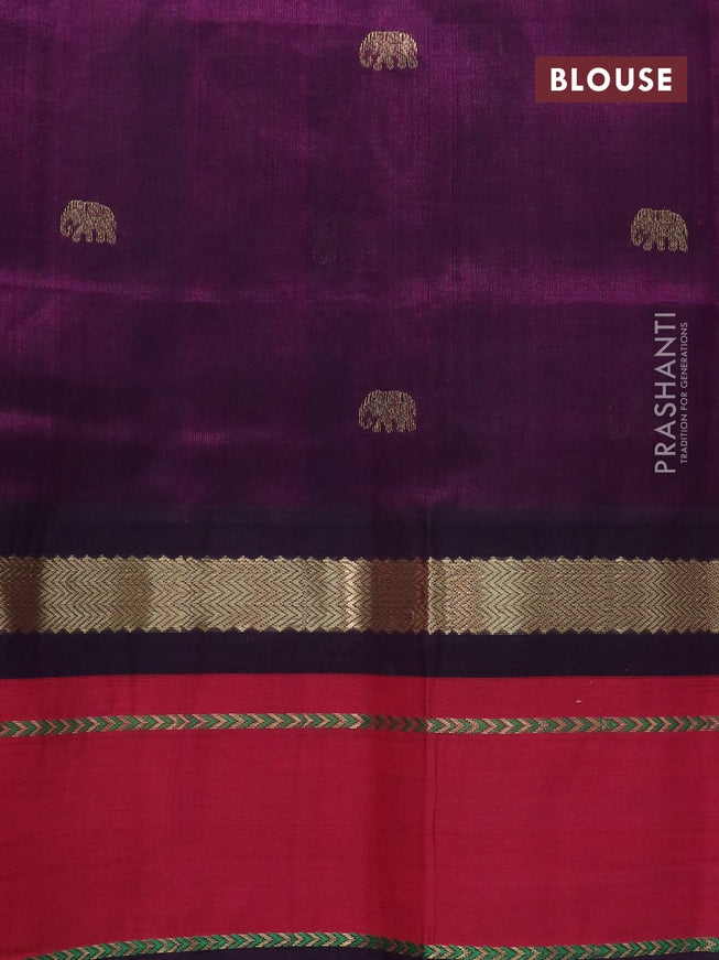 Silk cotton saree sandal and dark purple with plain body and zari woven butta korvai border