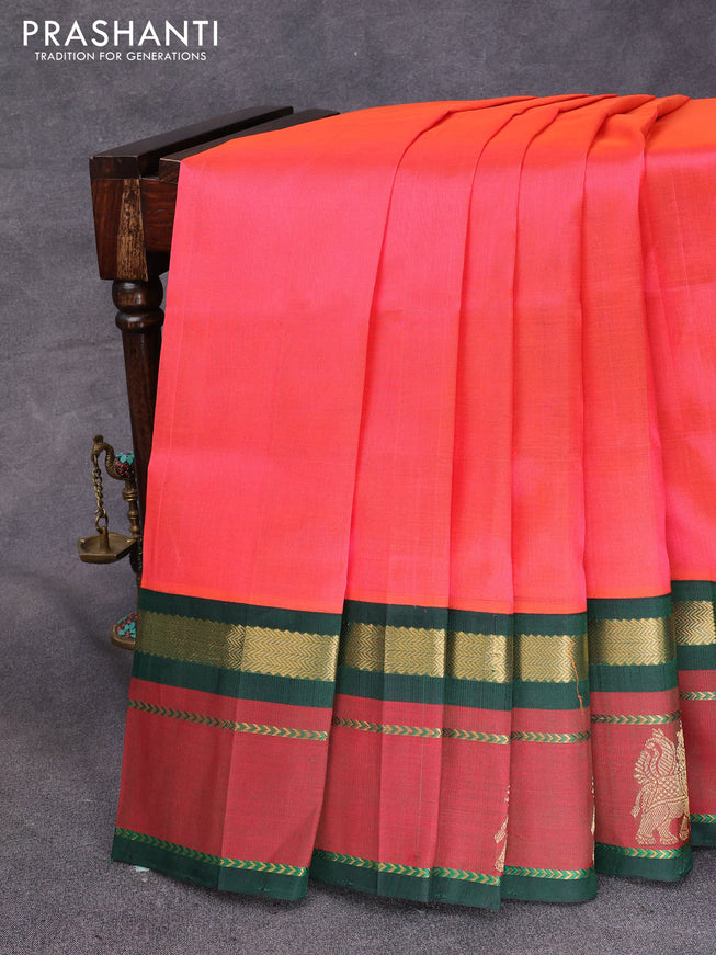 Silk cotton saree candy pink and dark green with plain body and zari woven butta korvai border