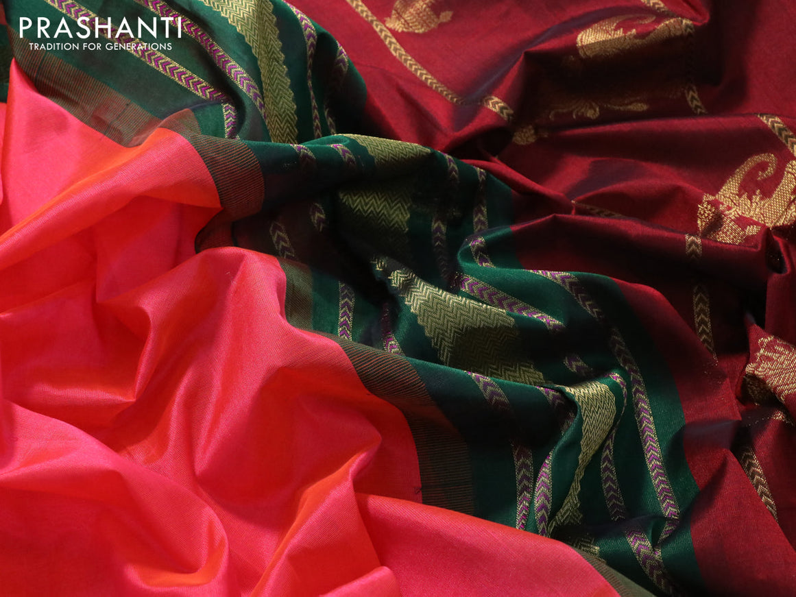 Silk cotton saree candy pink and dark green with plain body and zari woven butta korvai border