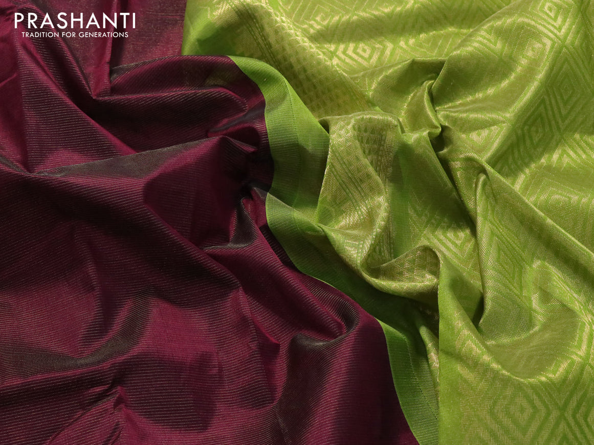 Silk cotton saree wine shade and light green with allover vairosi pattern and zari woven korvai border