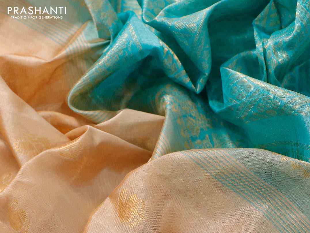 Kuppadam silk cotton saree sandal and teal blue with annam & paisley zari woven buttas and long zari woven checked border